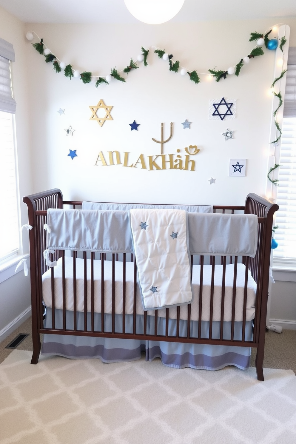 A serene nursery setting featuring a soft blue and white bedding set on a cozy crib. The walls are adorned with playful Hanukkah decorations, including star motifs and festive garlands.