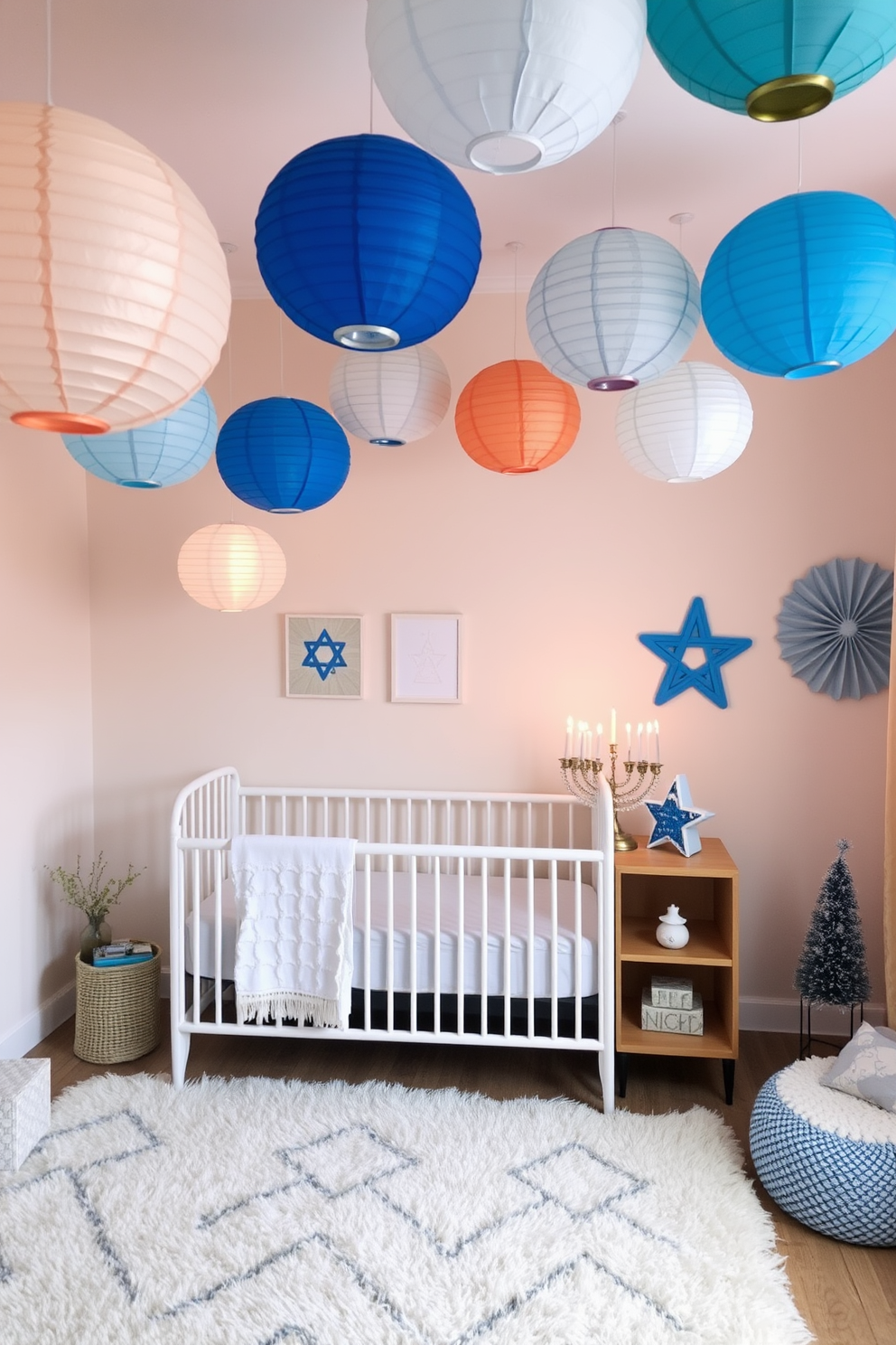 A cozy nursery adorned with hanging paper lanterns in festive colors. The walls are painted in soft pastels, and a plush area rug adds warmth to the space. Delicate decorations for Hanukkah are tastefully arranged throughout the room. A beautifully lit menorah sits on a wooden shelf, complemented by blue and silver accents.