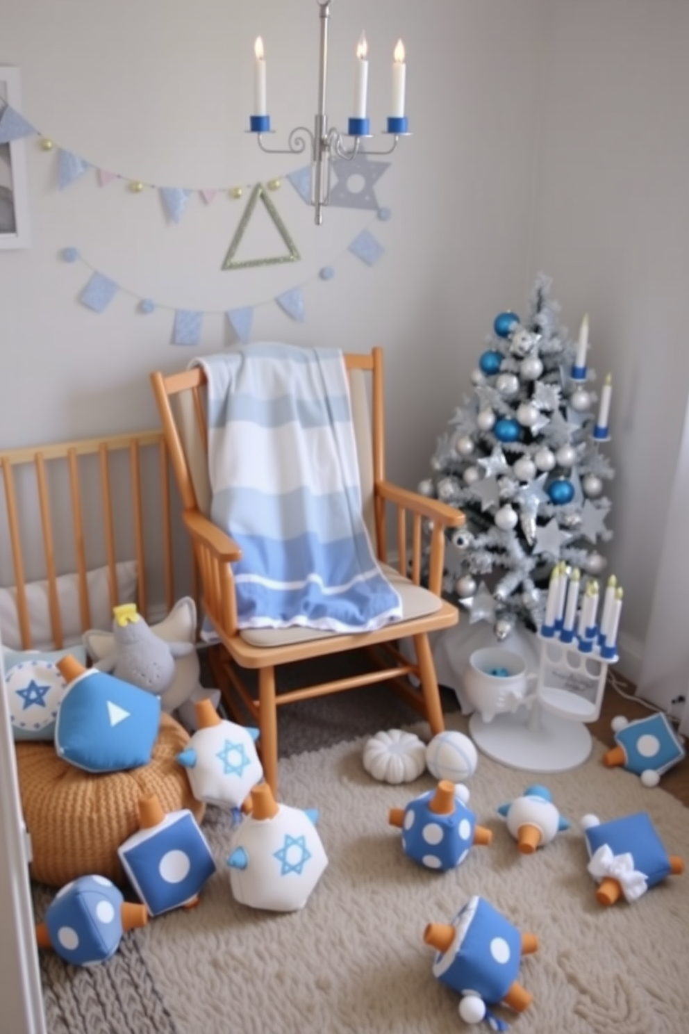 A cozy nursery decorated for Hanukkah features plush toys in the shape of dreidels and menorahs scattered around the room. Soft blue and white blankets drape over a rocking chair, while a small Hanukkah tree adorned with silver and gold ornaments stands in the corner.