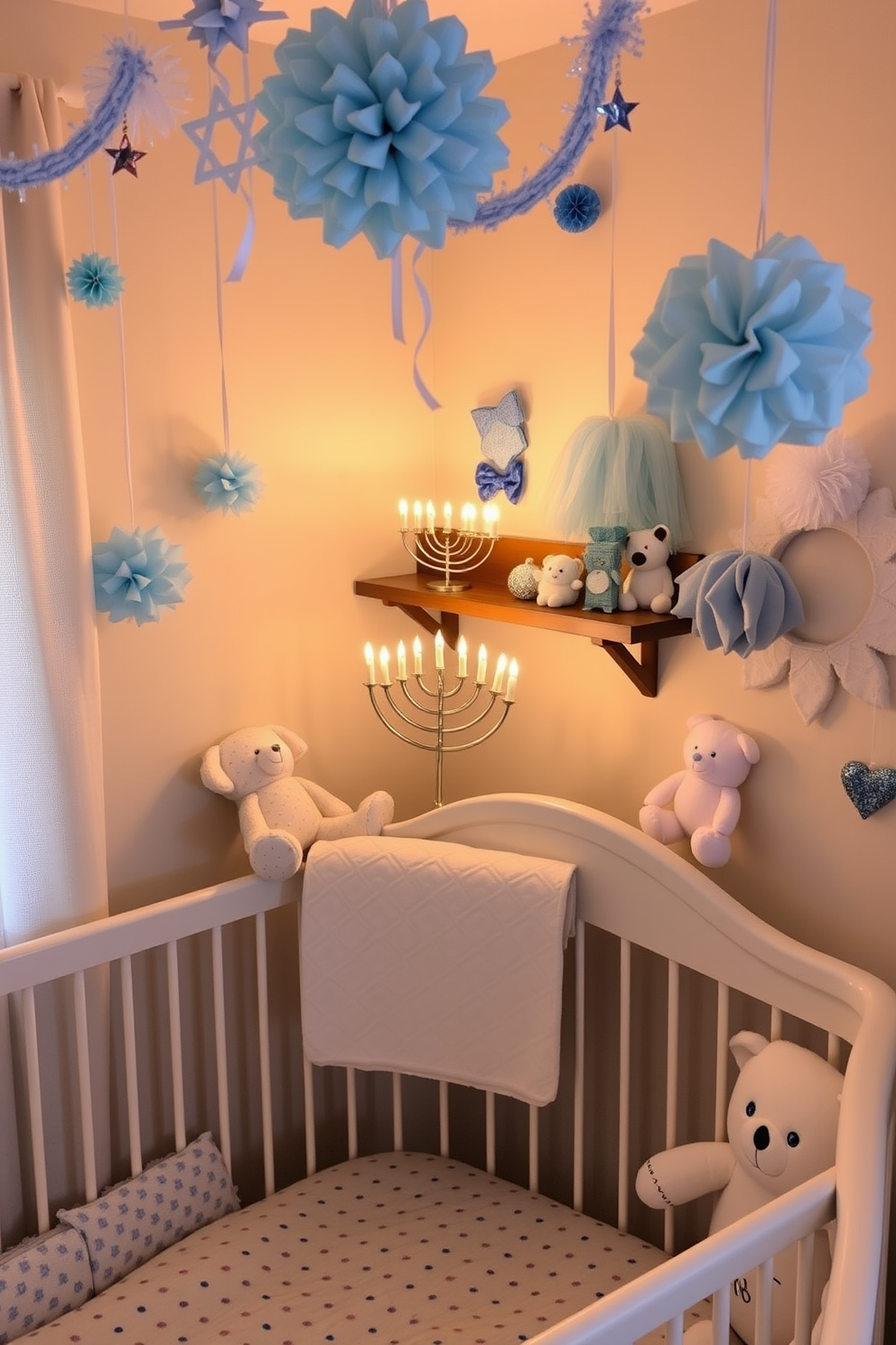 A cozy nursery adorned for Hanukkah features a beautifully lit menorah on a wooden shelf, casting a warm glow across the room. Soft blue and white decorations hang from the walls, while plush toys and festive ornaments create a cheerful atmosphere.