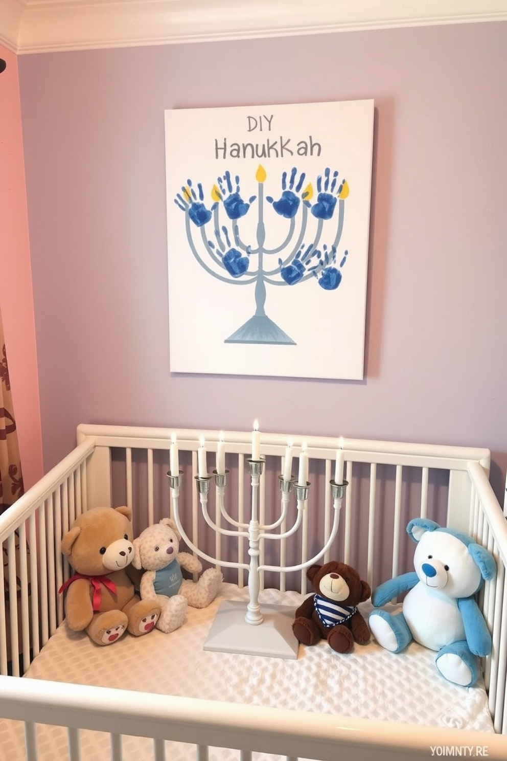 A cozy nursery decorated for Hanukkah features a large canvas displaying DIY handprint menorah art. The walls are painted in soft pastel colors, and plush toys are arranged around the menorah, creating a warm and festive atmosphere.