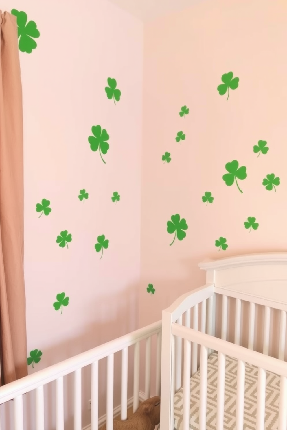 Shamrock wall decals create a whimsical atmosphere in a nursery setting. The decals are arranged playfully on soft pastel walls, adding a festive touch for St. Patrick's Day.