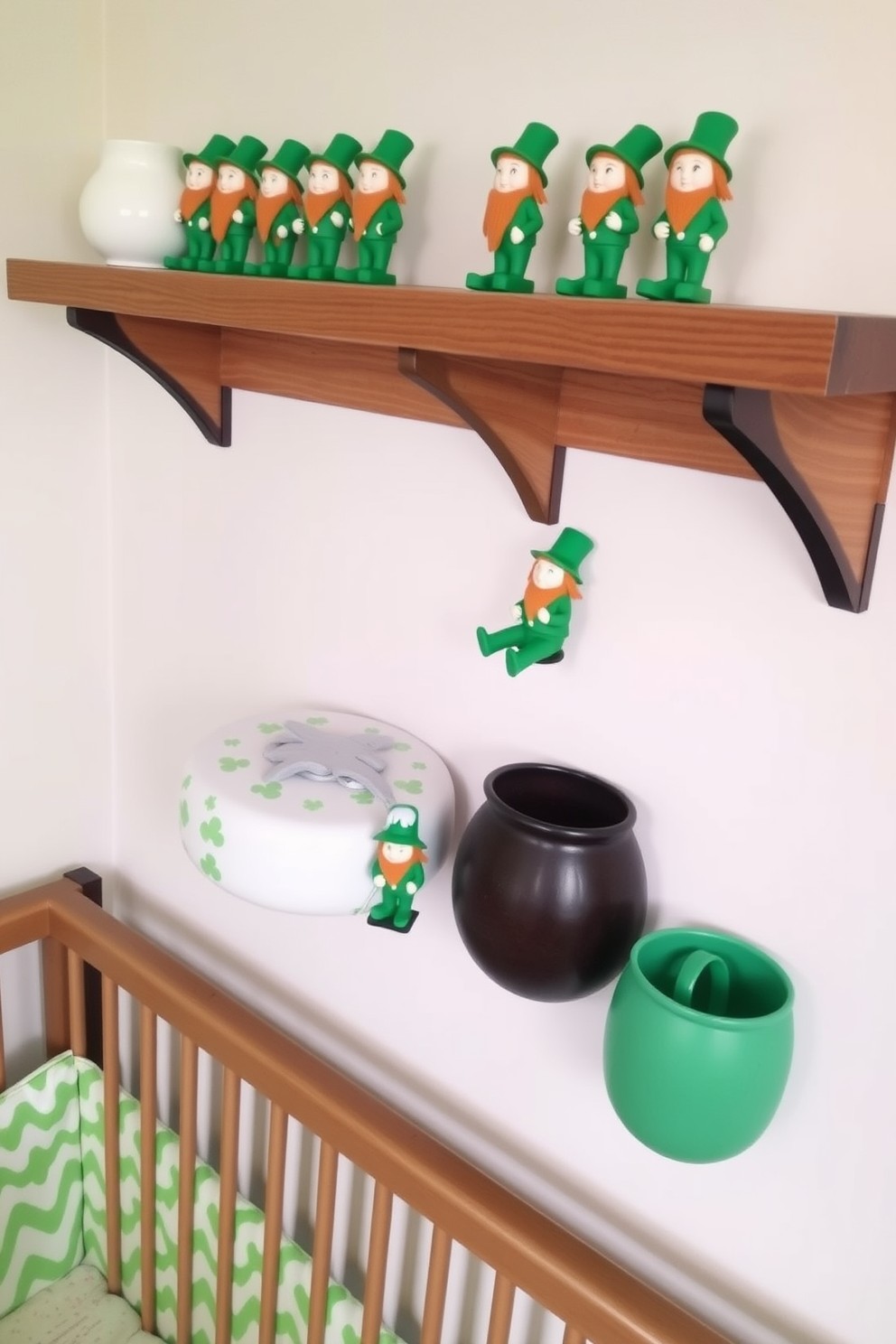 Mini leprechaun figurines are playfully arranged on wooden shelves, bringing a touch of whimsy to the nursery. Soft pastel colors dominate the room, creating a cheerful atmosphere perfect for St. Patrick's Day celebrations.