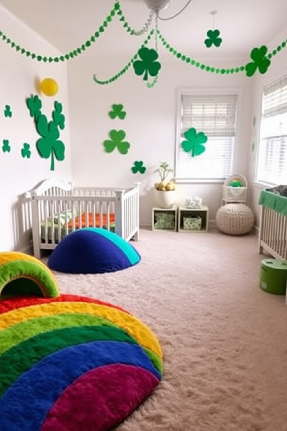 A cozy nursery featuring soft green accent pillows on a plush rocking chair. The room is adorned with cheerful St. Patrick's Day decorations, including shamrock garlands and playful wall art. The walls are painted in a gentle pastel color, creating a serene atmosphere. A whimsical mobile hangs above the crib, complementing the festive theme.