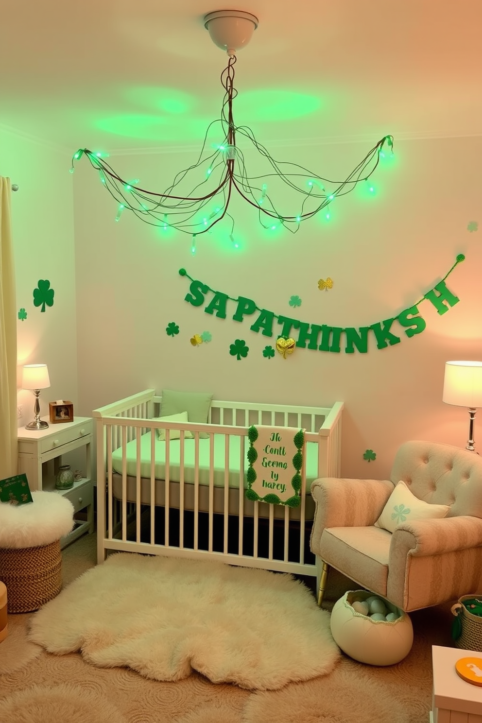 A whimsical nursery featuring a St. Patrick's Day themed nightlight that casts a soft green glow. The walls are adorned with playful shamrock decals and a cozy crib draped in a festive green and gold blanket. A charming mobile hangs above the crib, featuring miniature leprechauns and pots of gold. Soft plush toys in the shape of shamrocks and rainbows are scattered throughout the room, creating a cheerful atmosphere.