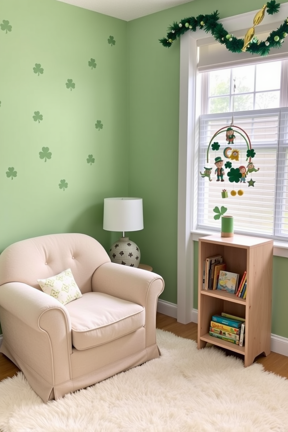 A cozy nursery corner decorated for St. Patrick's Day. Soft green walls adorned with cheerful shamrock decals and a plush, oversized armchair in a light beige fabric. A small wooden bookshelf filled with colorful children's books sits beside a whimsical mobile featuring leprechauns and rainbows. A fluffy white rug covers the floor, providing a warm space for play, while a festive garland of green and gold hangs above the window.