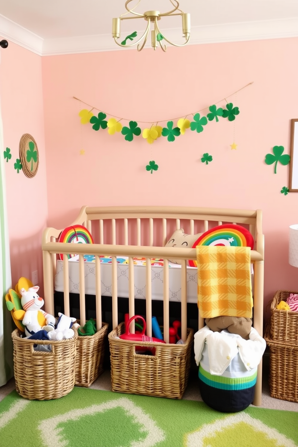 A cozy nursery filled with rainbow colored toys neatly organized in woven baskets. The walls are painted in soft pastel shades, creating a cheerful and inviting atmosphere. For St. Patrick's Day, the room features festive decorations such as green shamrocks and gold accents. A playful garland made of felt leaves hangs above the crib, adding a touch of holiday spirit.