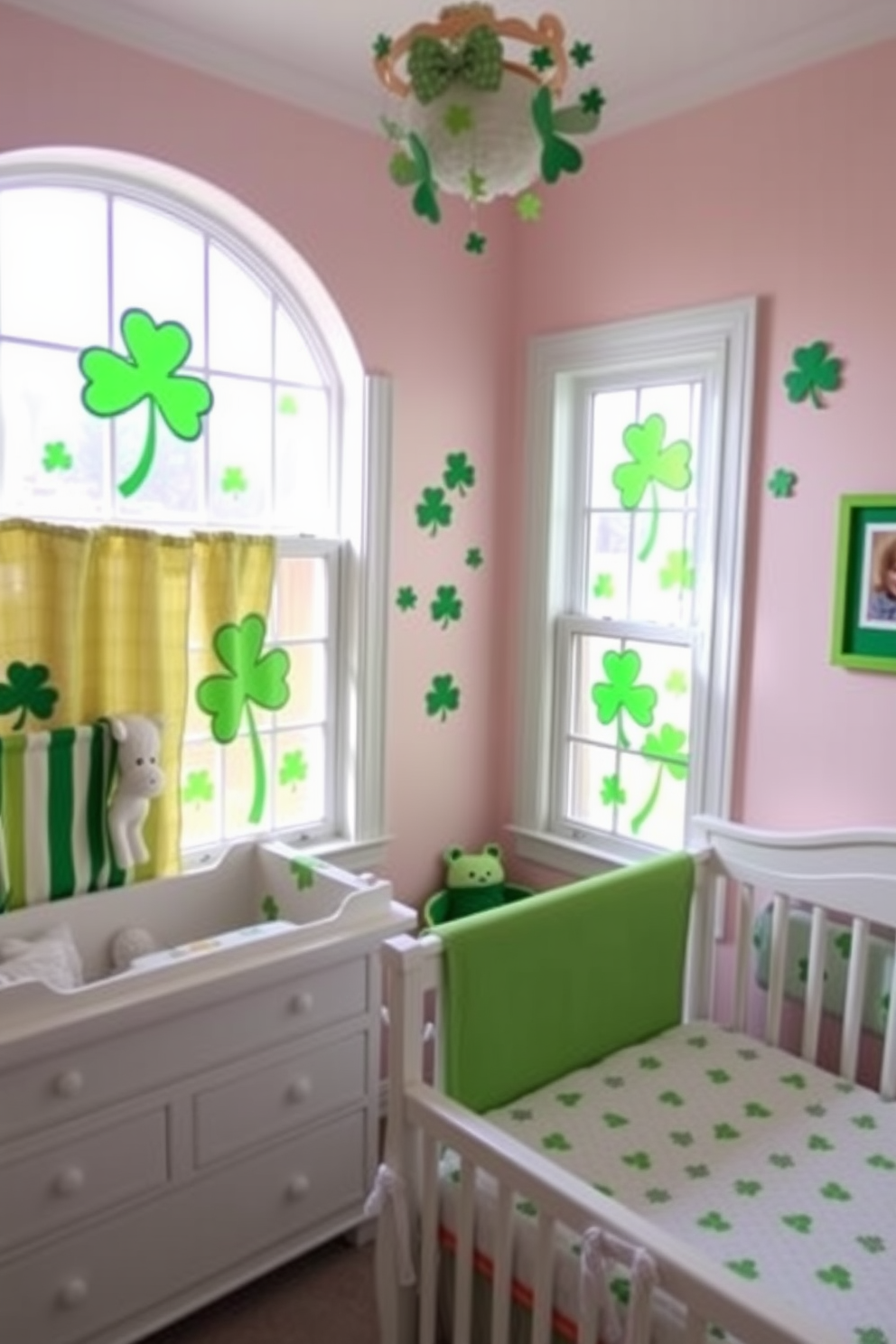 A cheerful nursery decorated for St. Patrick's Day features vibrant lucky shamrock window clings that bring a festive touch to the room. Soft pastel colors dominate the walls, and playful green accents are scattered throughout, creating a whimsical atmosphere perfect for little ones.