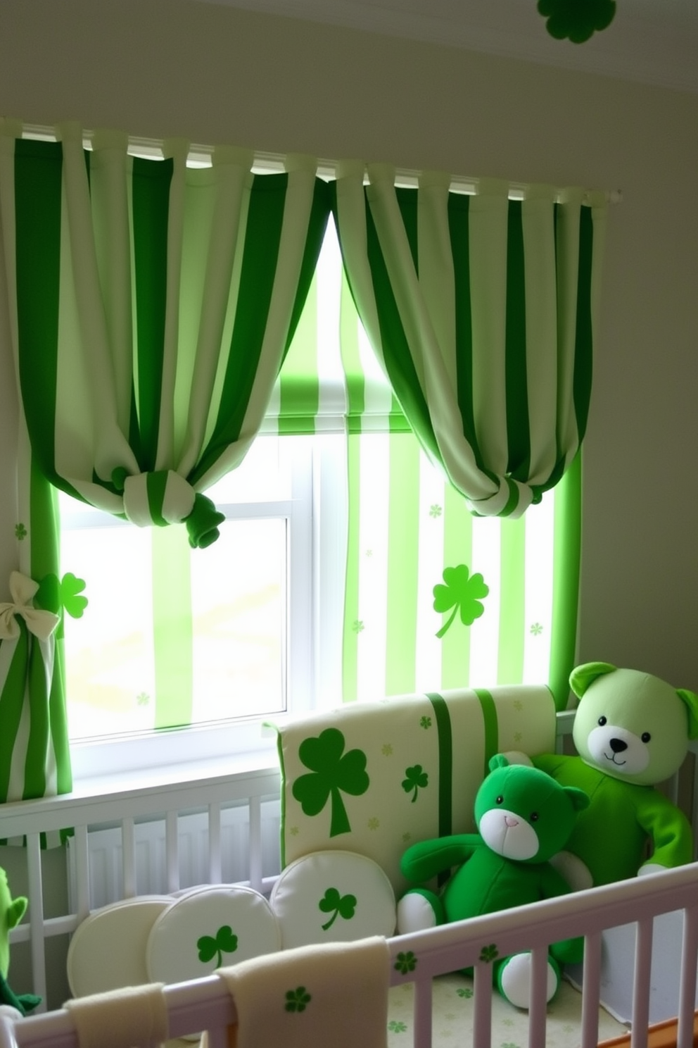 A charming nursery decorated for St. Patrick's Day features green and white striped curtains that gently frame the windows. The room is adorned with playful shamrock motifs and soft plush toys in various shades of green, creating a festive and cozy atmosphere.