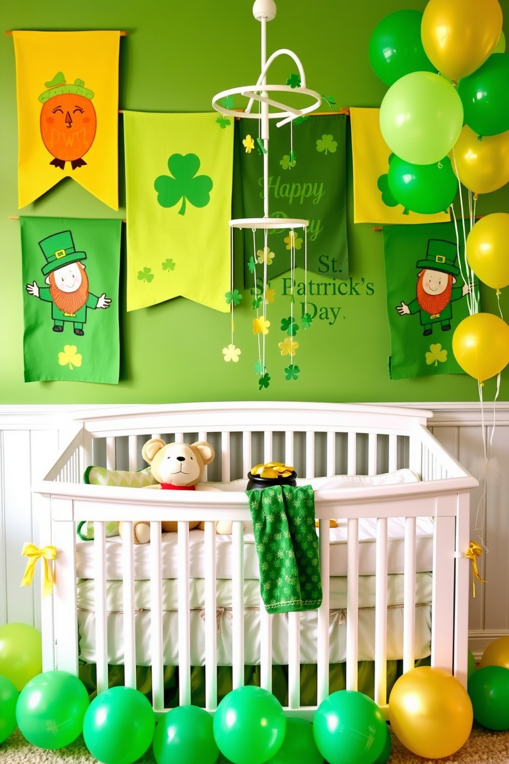 A vibrant nursery decorated for St. Patrick's Day features cheerful wall banners adorned with shamrocks and leprechauns. The banners hang above a cozy crib surrounded by soft green and gold accents, creating a festive atmosphere for little ones. Colorful decorations include plush toys shaped like pots of gold and green balloons scattered throughout the room. A playful mobile with St. Patrick's Day themes gently sways above the crib, adding a whimsical touch to the nursery.