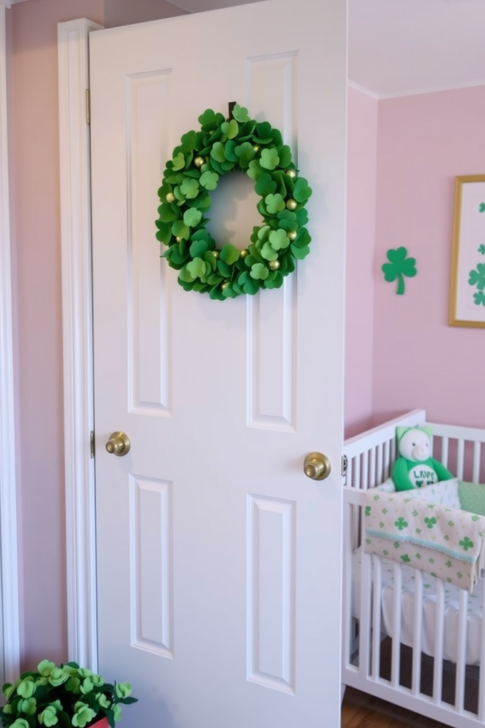 A charming nursery adorned with gold coin accents on the shelves creates a playful yet sophisticated atmosphere. Soft pastel colors dominate the walls, while whimsical decor enhances the St. Patrick's Day theme with touches of green and cheerful motifs.