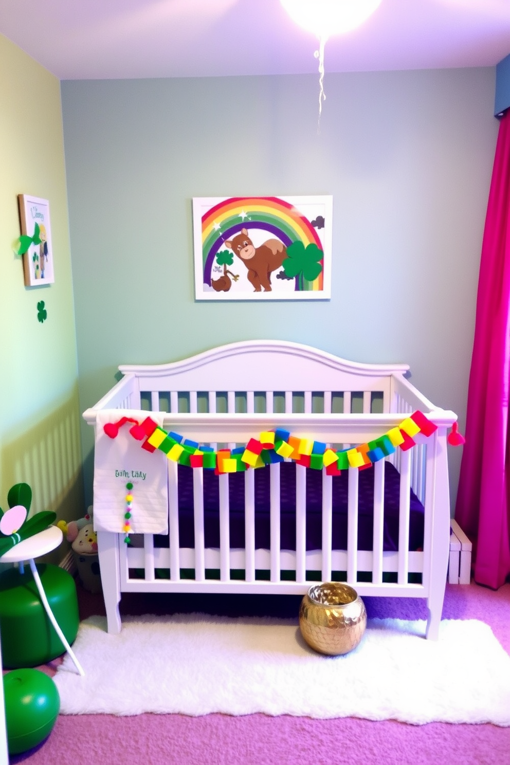 A whimsical nursery featuring a crib adorned with a vibrant rainbow garland that adds a playful touch to the space. The walls are painted in soft pastels, and accents of green and gold celebrate St. Patrick's Day, creating a festive atmosphere.