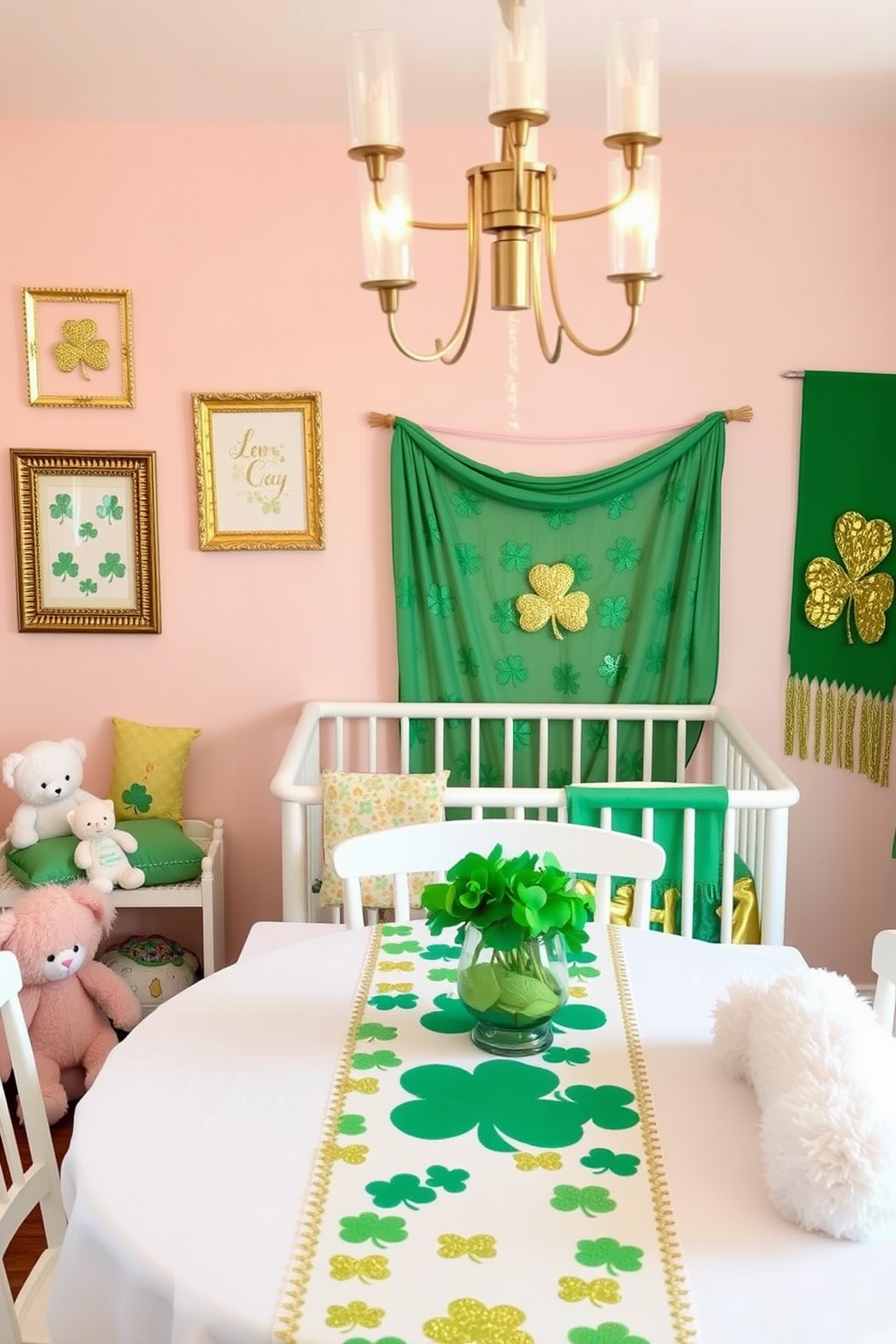 Themed storybooks displayed on shelves create a whimsical atmosphere in a nursery. The shelves are painted in soft pastel colors and filled with an array of colorful storybooks featuring various characters and themes. St. Patrick's Day decorating ideas include vibrant green accents throughout the space. Shamrock garlands drape across the mantel, and gold accents add a touch of festive elegance.