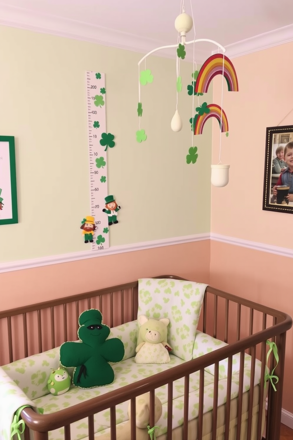 A cozy nursery adorned with Celtic pattern fabric for window treatments. The fabric features intricate knots and vibrant greens, creating a festive atmosphere perfect for St. Patrick's Day. Soft, plush furnishings complement the decor, while whimsical wall art adds a touch of charm. Gentle lighting enhances the serene environment, making it an inviting space for both parents and children.