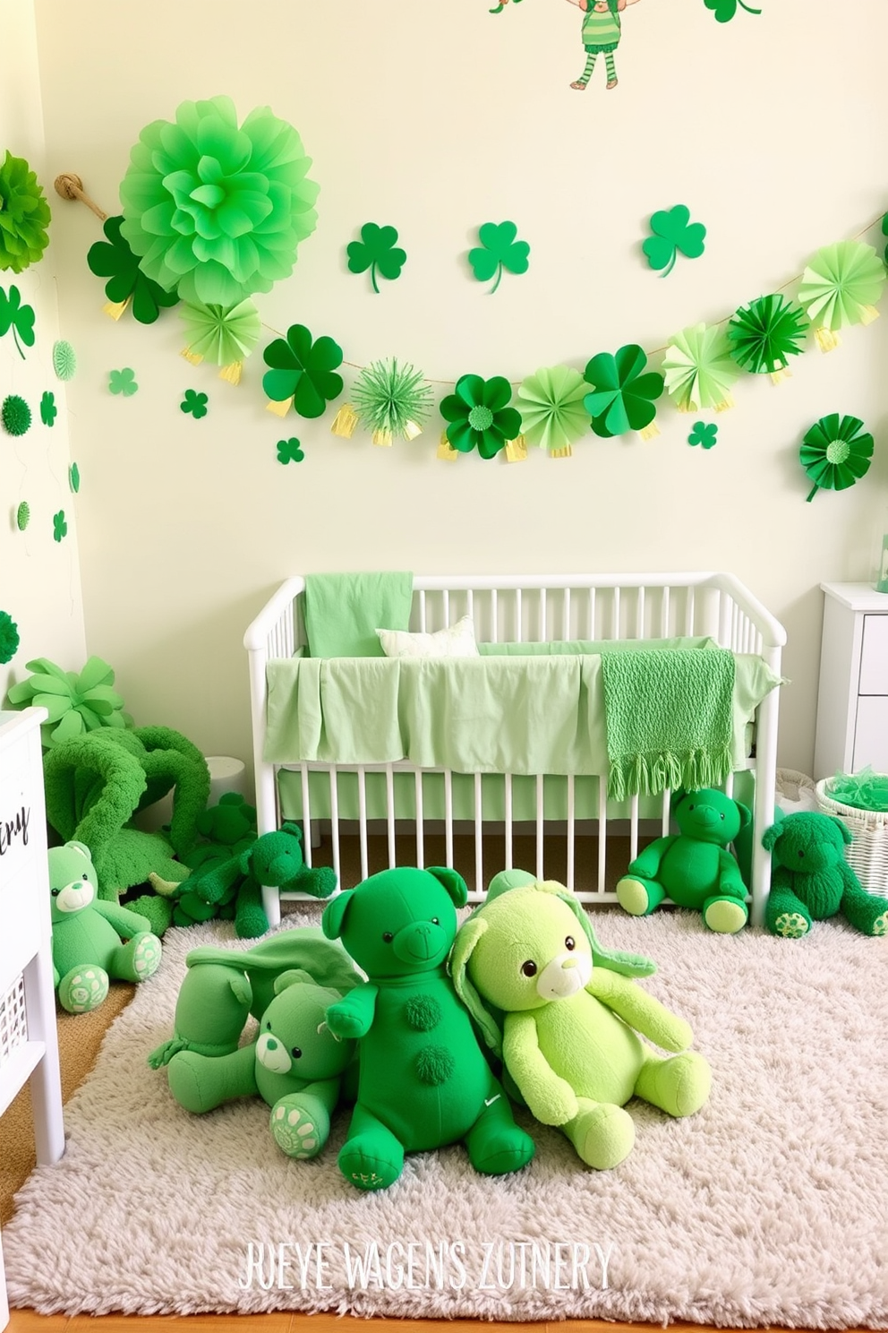 A cozy nursery filled with soft green plush toys arranged on a comfortable rug. The walls are painted in a gentle pastel shade, creating a warm and inviting atmosphere. Creative St. Patrick's Day decorations featuring vibrant green accents and gold embellishments. The space is adorned with shamrock motifs and festive garlands, bringing a cheerful and lively spirit to the room.