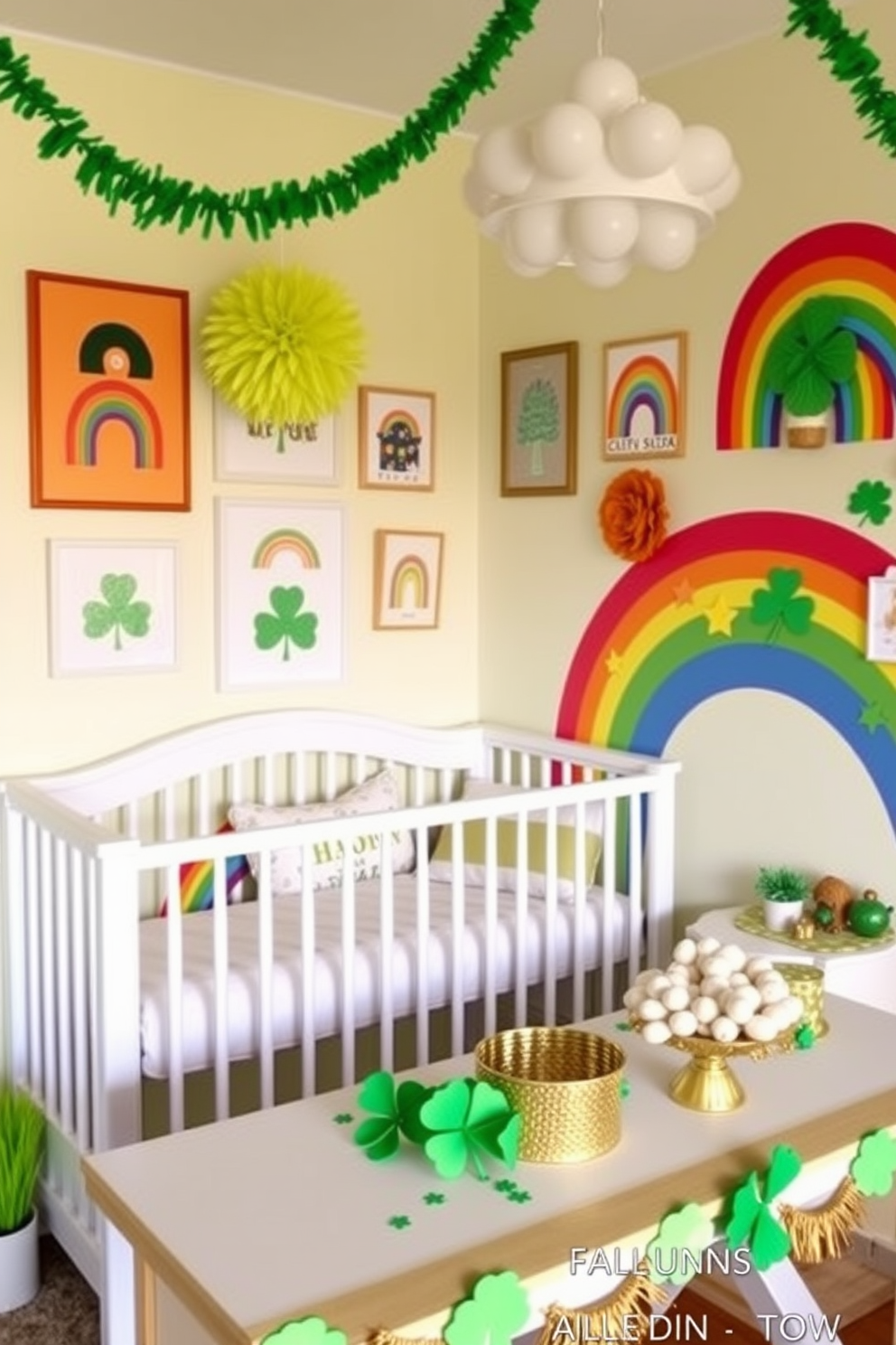 A vibrant nursery filled with rainbow wall art that brings cheerful vibes. The walls are adorned with colorful prints and playful designs that create a joyful atmosphere. Creative St. Patrick's Day decorating ideas featuring shamrocks and gold accents. The space is enhanced with green and white decorations, including festive garlands and themed table centerpieces.