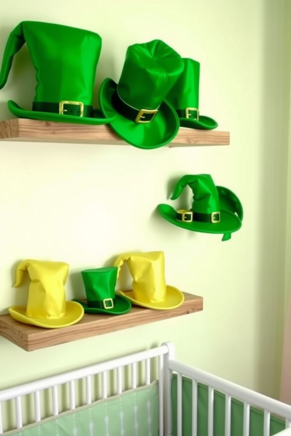 Shamrock shaped floor cushions are scattered across the soft carpet, providing a playful and comfortable seating area for children. The cushions are in vibrant shades of green, adorned with whimsical patterns that celebrate the spirit of St. Patrick's Day. The nursery is decorated with festive elements such as hanging paper lanterns in the shape of shamrocks and cheerful garlands of green and gold. Soft lighting enhances the cozy atmosphere, making it a perfect space for play and relaxation during the holiday season.