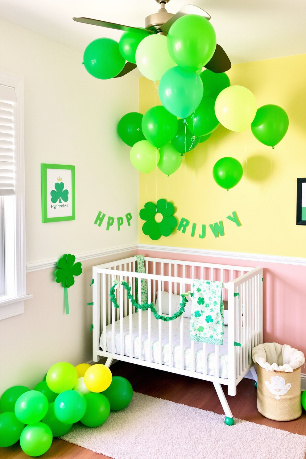 A cheerful nursery setting adorned with green balloons creates a playful atmosphere. The walls are painted in soft pastels, and a cozy crib sits in the corner, surrounded by festive St. Patrick's Day decorations.