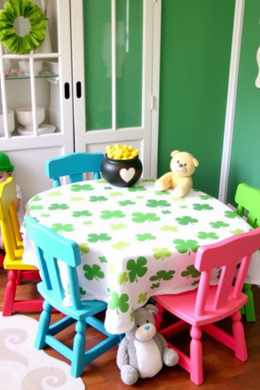 A whimsical nursery play table adorned with a shamrock tablecloth, perfect for St. Patrick's Day celebrations. The table is surrounded by colorful chairs, and soft plush toys are scattered around, creating a cheerful and festive atmosphere.