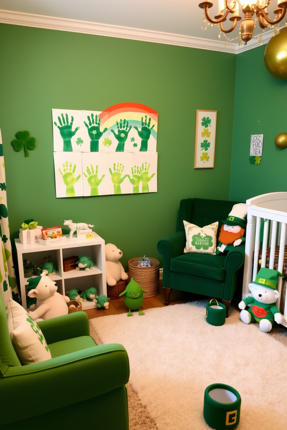 A charming nursery decorated for St. Patrick's Day features a playful handprint art display made by little hands. The walls are adorned with green and gold accents, creating a festive atmosphere filled with joy and creativity. Soft, plush toys in the shape of shamrocks and leprechauns are scattered throughout the room. A cozy reading nook with a green armchair invites storytelling sessions about the holiday's traditions.