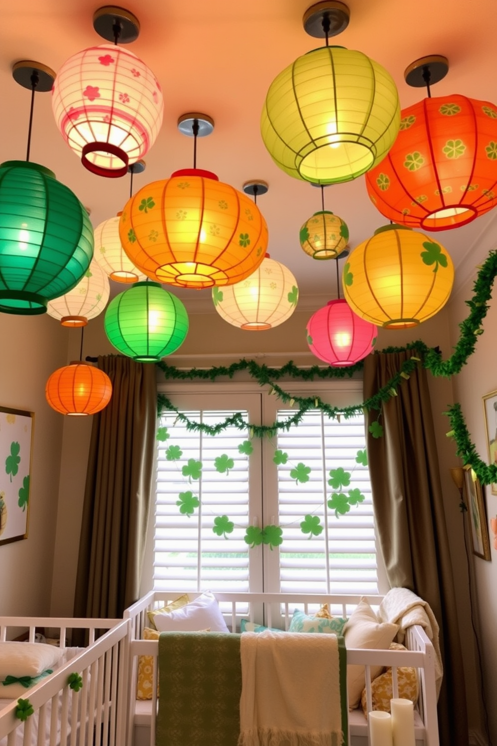 Colorful paper lanterns hang from the ceiling, creating a whimsical atmosphere in the nursery. The lanterns are in various shapes and sizes, adorned with cheerful patterns and vibrant colors that stimulate the child's imagination. For St. Patrick's Day, the room is decorated with green and gold accents, featuring shamrocks and festive garlands. A cozy reading nook is enhanced with plush pillows and a soft blanket, inviting children to enjoy stories about leprechauns and Irish folklore.