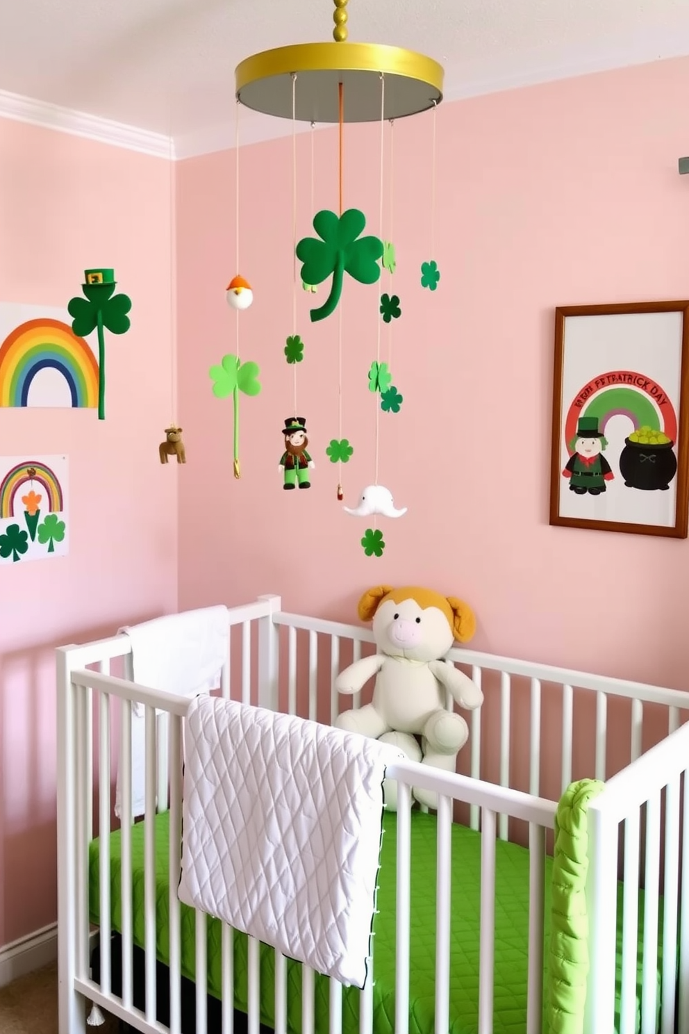 A whimsical nursery decorated for St Patrick's Day features hanging mobiles crafted from felt shamrocks and leprechauns. Soft pastel colors dominate the room, with accents of green and gold, creating a playful and enchanting atmosphere. The walls are adorned with cheerful St Patrick's Day artwork, showcasing rainbows and pots of gold. A cozy crib is dressed in a bright green quilt, complemented by plush toys that celebrate the festive theme.