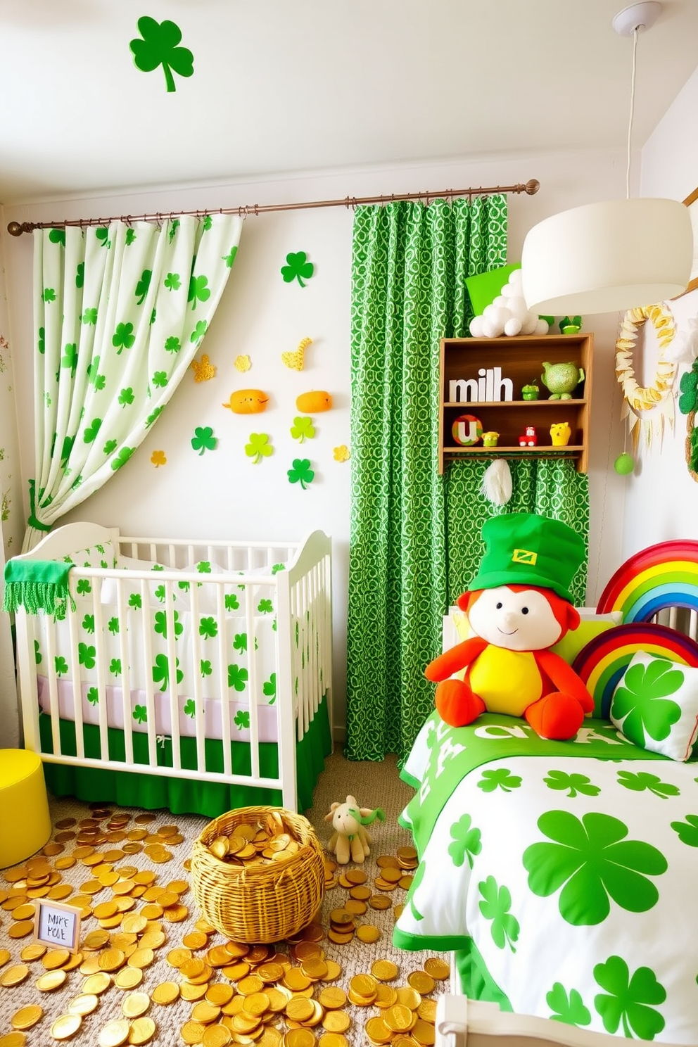 A whimsical nursery setting for a St. Patrick's Day theme. The room is adorned with gold coin decorations scattered around, creating a playful treasure hunt atmosphere. Bright green and white accents are used throughout the space, with shamrock patterns on the curtains and bedding. Plush toys in the shape of leprechauns and rainbows add a cheerful touch to the decor.