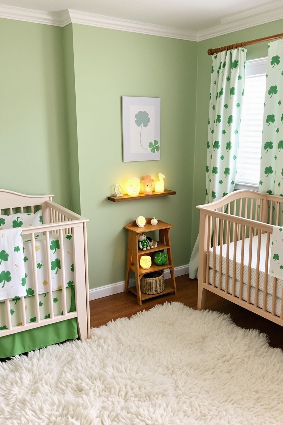 A cozy nursery adorned with lucky charm themed night lights. The walls are painted a soft pastel green, and whimsical shamrock patterns decorate the bedding and curtains. On a small wooden shelf, various night lights shaped like lucky symbols glow gently, casting a warm ambiance. A plush area rug in shades of white and gold adds comfort to the space, perfect for St. Patrick's Day decorating.