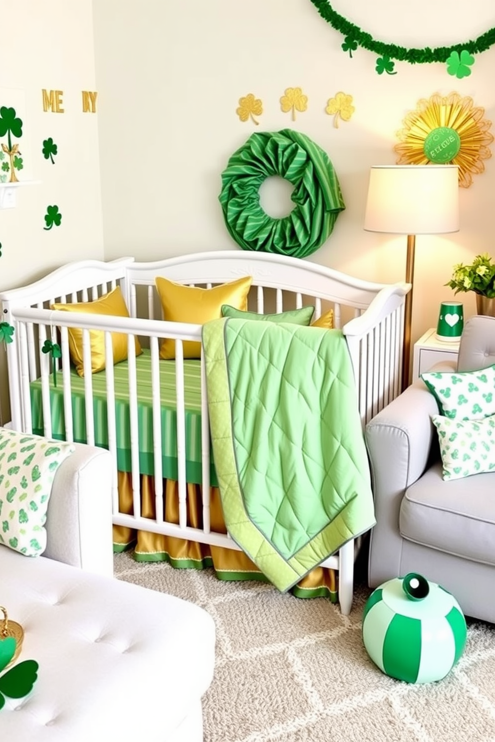 A cozy nursery featuring a green and gold themed bedding set. The crib is adorned with a soft green quilt and decorative pillows in various shades of gold. Creative St. Patricks Day decorating ideas for a festive living room. The space is filled with green accents, shamrock decorations, and gold accents to celebrate the holiday.