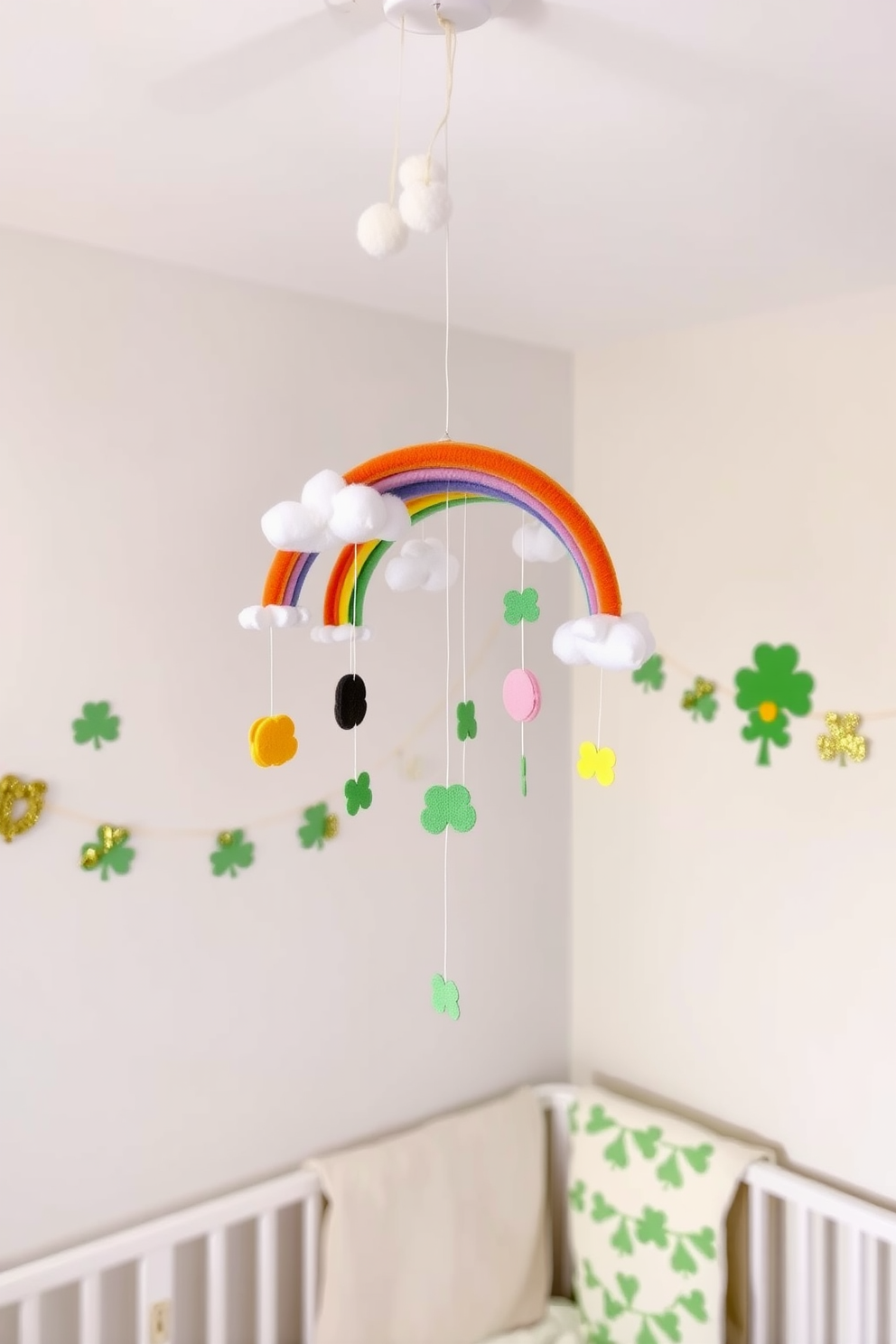 A whimsical DIY rainbow mobile hangs gracefully from the ceiling, crafted with colorful felt clouds and vibrant rainbow arcs. Soft pastel colors fill the nursery, creating a cheerful and inviting atmosphere for little ones. For St. Patrick's Day, the room is adorned with charming decorations featuring green shamrocks and playful leprechauns. Glittering gold accents are sprinkled throughout, adding a festive touch to the cozy space.