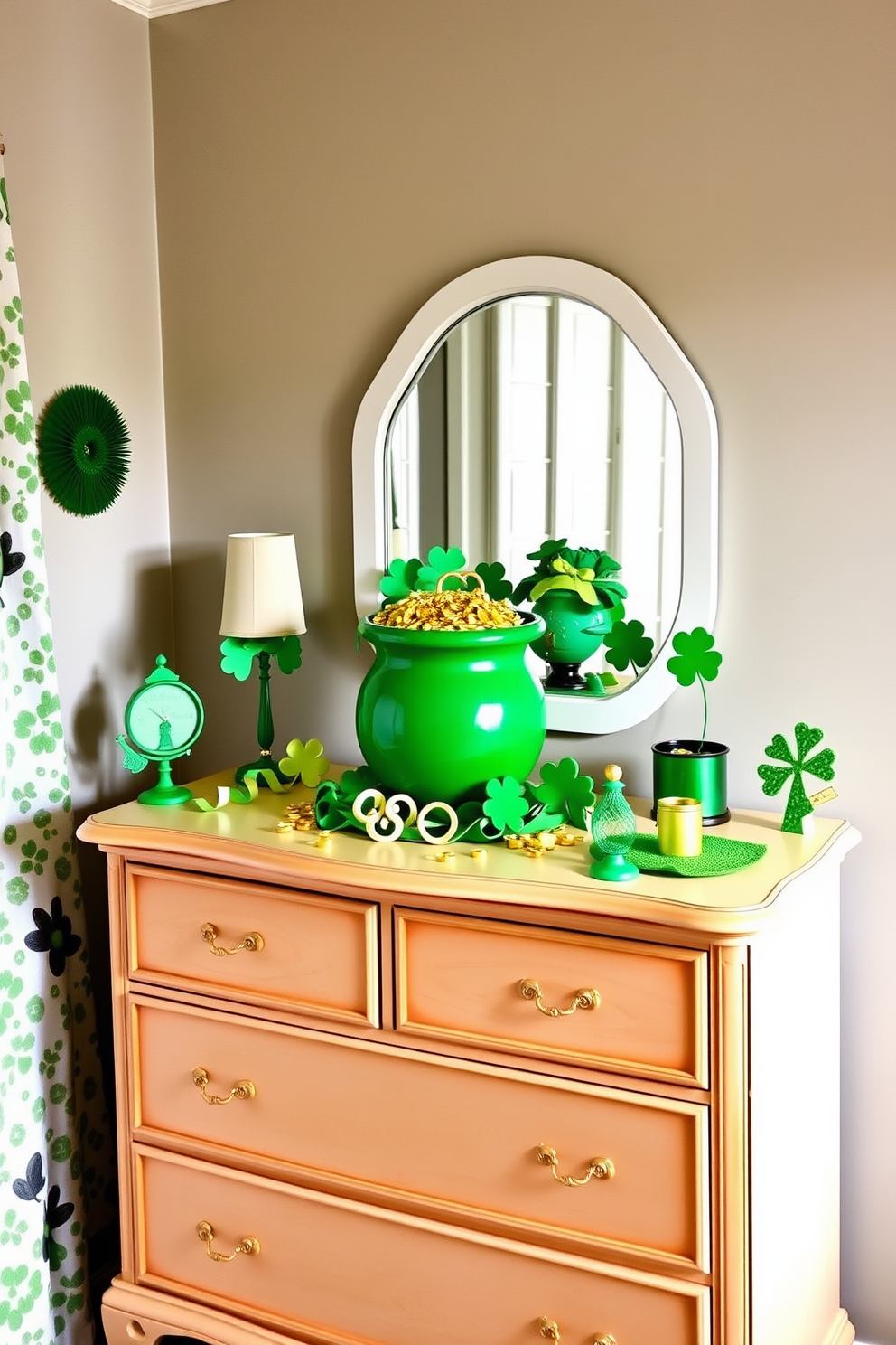 A charming nursery features a beautiful dresser adorned with a pot of gold centerpiece. Surrounding the pot are playful St. Patrick's Day decorations, including shamrock accents and cheerful green hues.