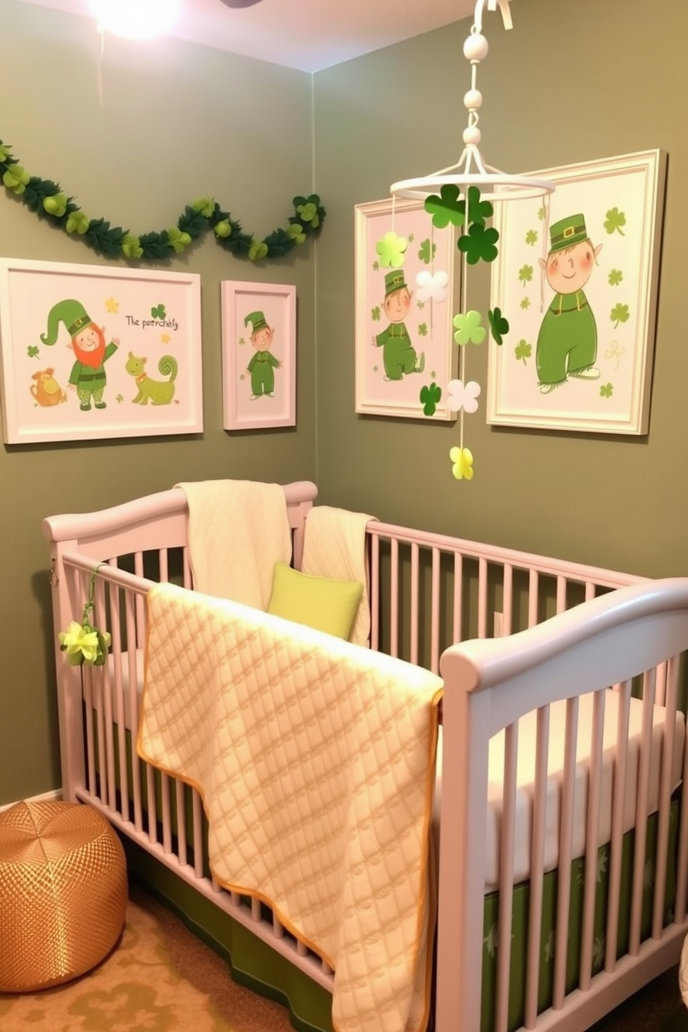 A whimsical nursery setting featuring a lucky charm mobile hanging above a cozy crib. The mobile is adorned with various green and gold charms, celebrating St. Patrick's Day, while soft pastel colors dominate the room's decor.