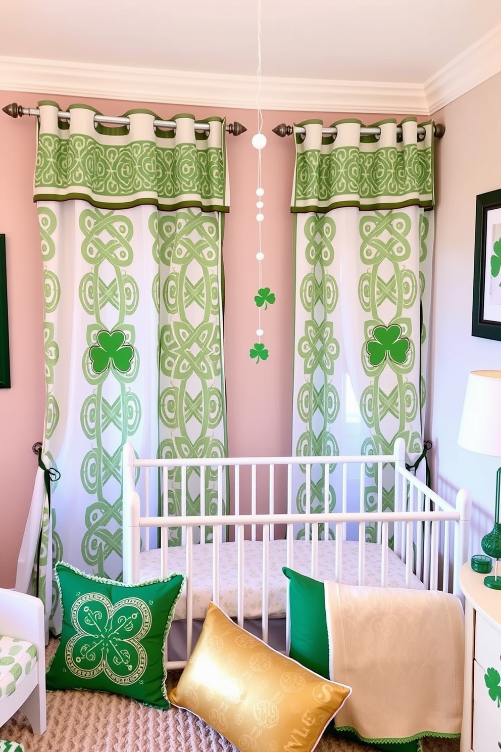 Create a cozy nursery adorned with curtains featuring intricate Celtic knot patterns. The room is filled with soft pastel colors, and a mobile with shamrocks hangs above the crib. Incorporate St. Patrick's Day decorating ideas throughout the space. Use playful accents like green and gold pillows, along with festive wall art that celebrates the holiday spirit.