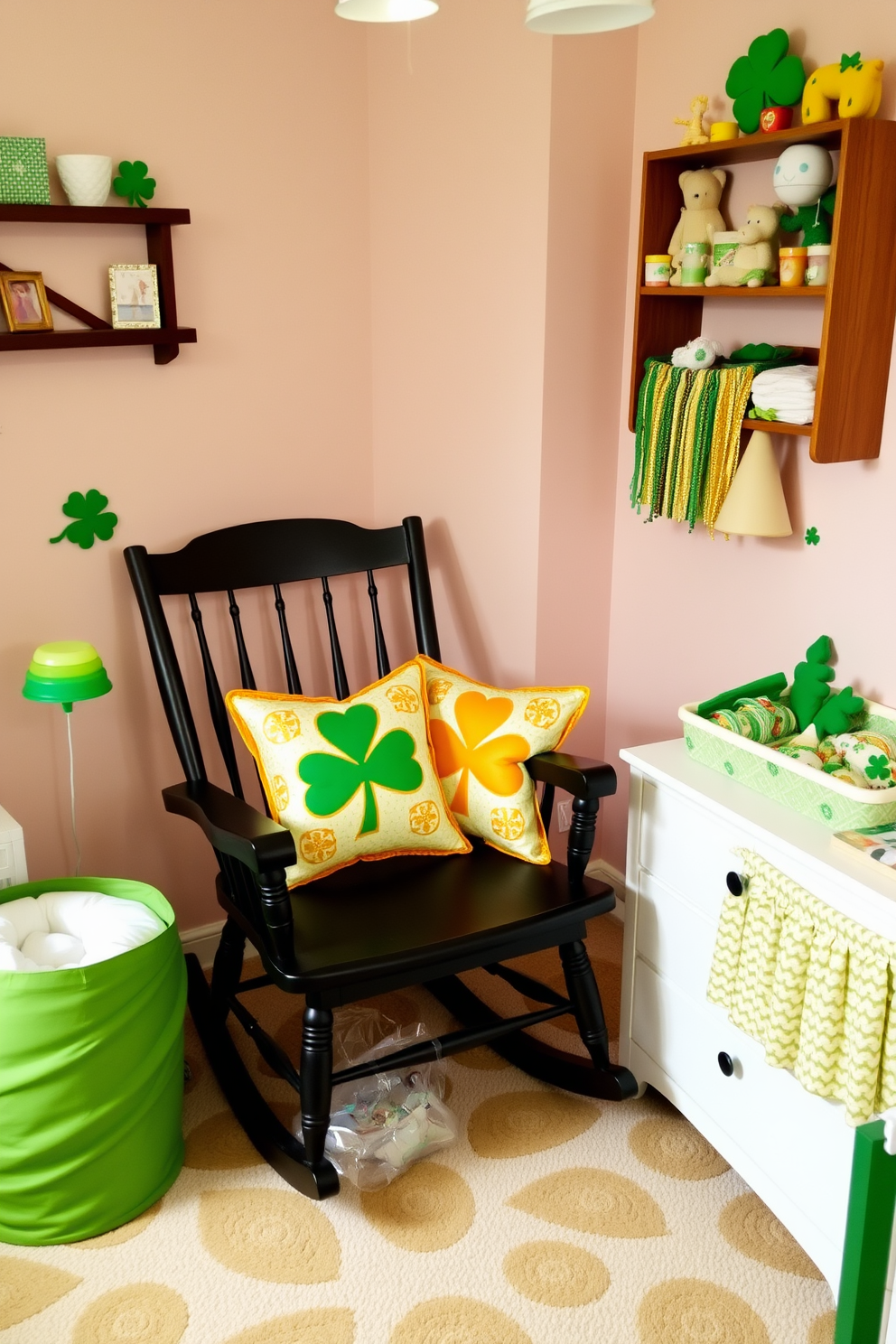 A cozy nursery featuring a rocking chair adorned with lucky charm pillows in vibrant greens and golds. The walls are decorated with soft pastel colors, and a gentle St. Patrick's Day theme is evident through playful decorations and accents throughout the room.