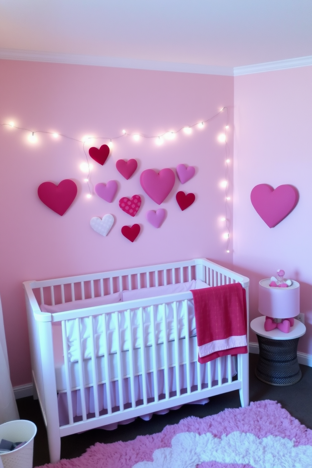 A charming nursery adorned with heart-shaped wall art creates a warm and inviting atmosphere. The walls are painted in soft pastel colors, and the heart art pieces are arranged in a playful collage above a cozy crib. Delicate string lights twinkle softly around the artwork, adding a magical touch to the space. A plush area rug in shades of pink and white complements the decor, making it perfect for a Valentine's Day celebration.