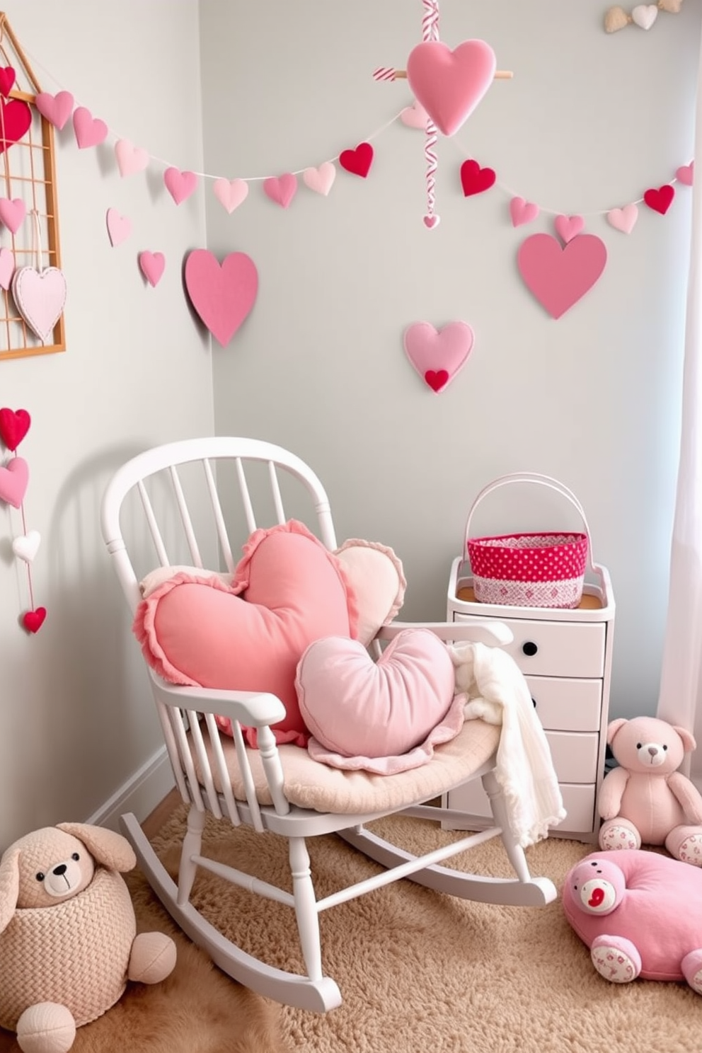 A cozy nursery featuring a rocking chair adorned with heart-shaped pillows in soft pastel colors. The room is decorated with playful Valentine's Day accents, including heart garlands and soft, plush toys.