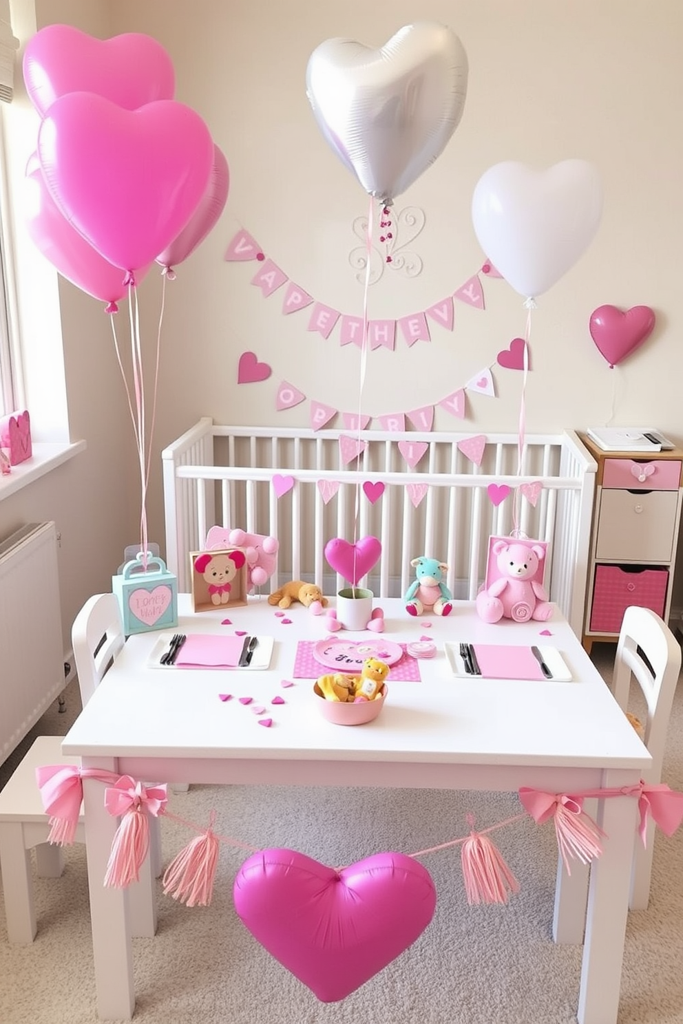 A charming sweetheart table set up for playtime activities in a nursery. The table is adorned with pastel-colored decorations, heart-shaped balloons, and playful toys, creating a whimsical and inviting atmosphere for Valentine's Day celebrations.