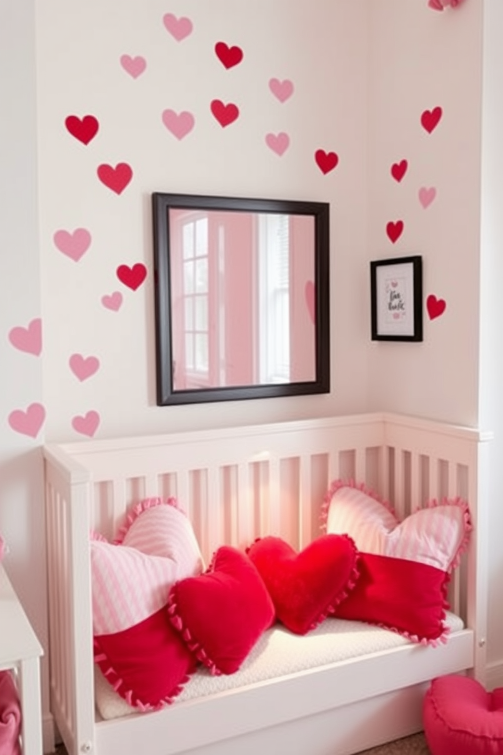 A cozy nursery adorned with crafted love notes on the wall. Soft pastel colors create a warm and inviting atmosphere, while heart-shaped decorations add a touch of whimsy. A small table is set up with Valentine's Day themed crafts for children. Plush toys and cushions in shades of pink and red enhance the playful and affectionate vibe of the space.