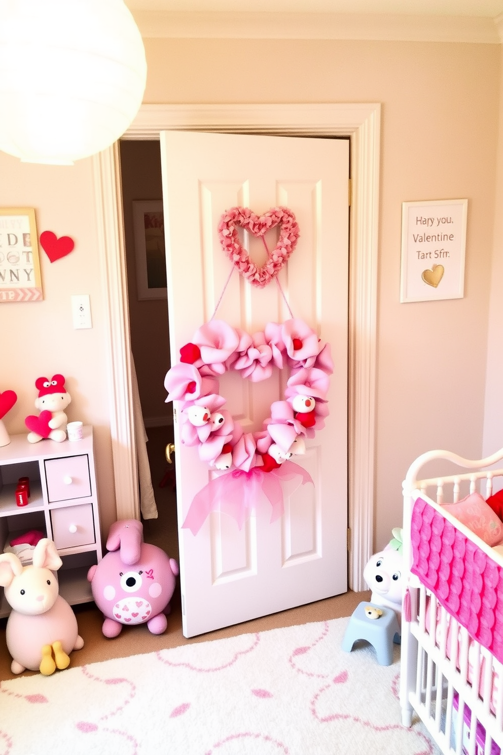 A charming nursery filled with love for Valentine's Day. The walls are adorned with pastel colors and whimsical patterns, creating a warm and inviting atmosphere. Cupcake liners in various shades of pink and red are creatively arranged into heart shapes, hanging from the ceiling. Soft, plush toys and delicate fairy lights enhance the festive feel, making the space perfect for celebrating love.