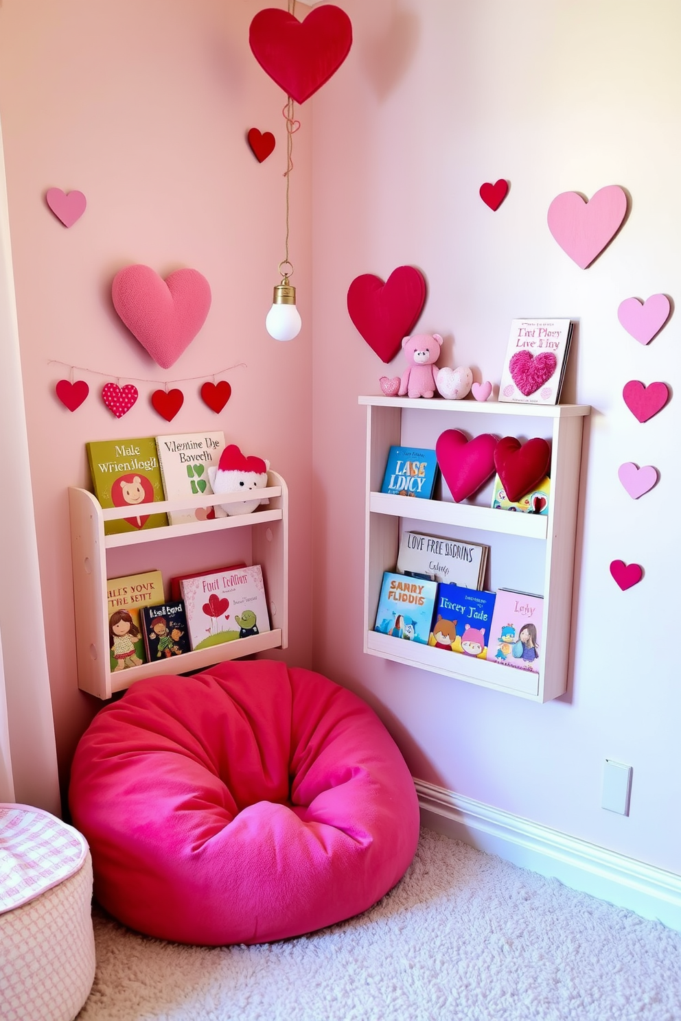 A cozy nursery corner designed for Valentine's Day. Soft pastel colors dominate the space with heart-themed decorations adorning the walls and shelves. A plush reading nook features a small bookshelf filled with storybooks about love and friendship. A comfortable bean bag chair in the shape of a heart invites little ones to sit and enjoy their favorite tales.