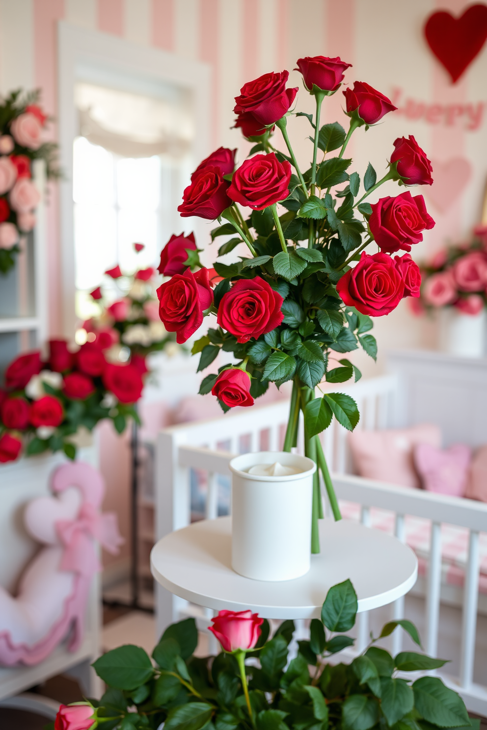 A cozy nursery filled with heart stickers adorning the walls creates a warm and inviting atmosphere. Soft pastel colors dominate the space, with a plush area rug and a comfortable rocking chair in the corner. Valentine's Day decorations bring a playful touch to the nursery. Adorn the shelves with heart-shaped plush toys and hang delicate garlands to enhance the festive spirit.