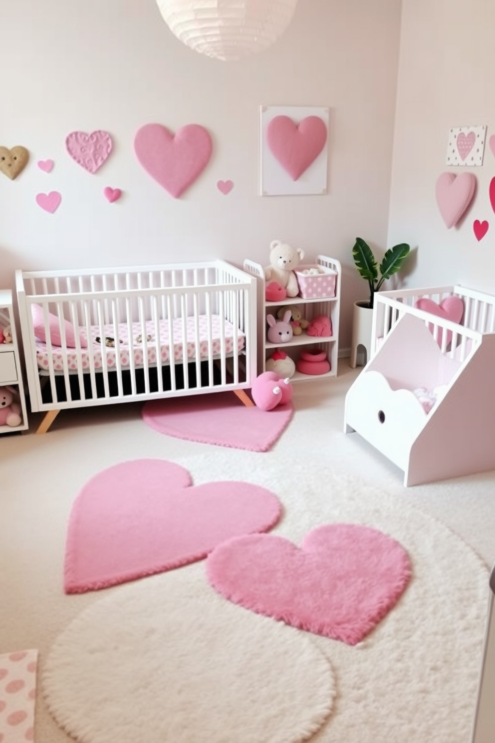 A cozy play area features heart-shaped rugs in soft pastel colors that create a warm and inviting atmosphere. The nursery is adorned with playful decorations that celebrate Valentine's Day, including heart-themed wall art and plush toys.