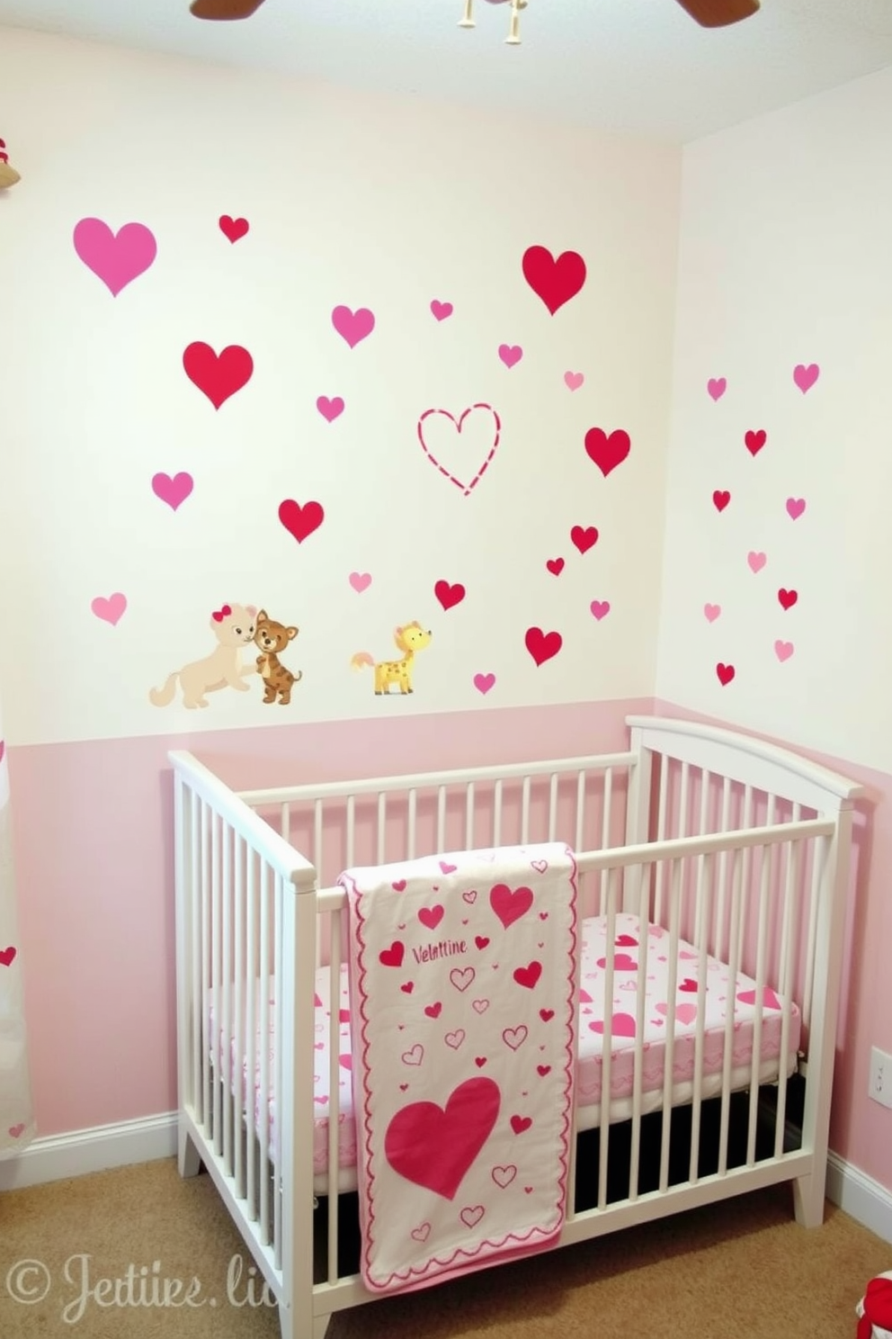 A charming nursery decorated for Valentine's Day features a mini chalkboard displaying sweet love messages. The walls are adorned with soft pastel colors, and plush toys are scattered around, creating a warm and inviting atmosphere.