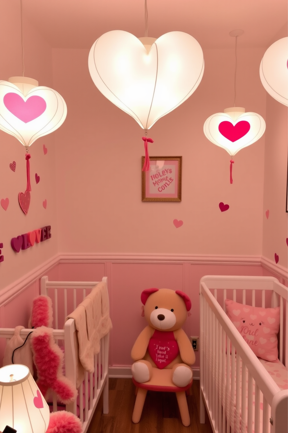 A warm and inviting nursery filled with soft lighting from heart-shaped lamps that create a cozy atmosphere. The walls are adorned with pastel colors and whimsical decals, while plush toys and heart-themed decorations add a playful touch for Valentine's Day.