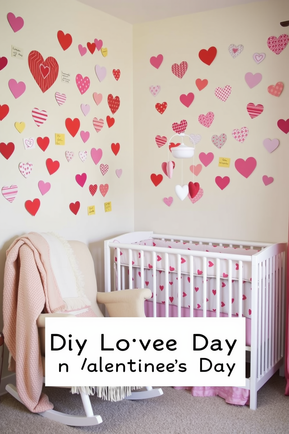 A cozy nursery decorated for Valentine's Day features a rocking chair adorned with heart-shaped cushions in soft pink and white hues. The walls are painted in a gentle pastel color, and sweet, whimsical artwork of hearts and cherubs hangs above the chair.