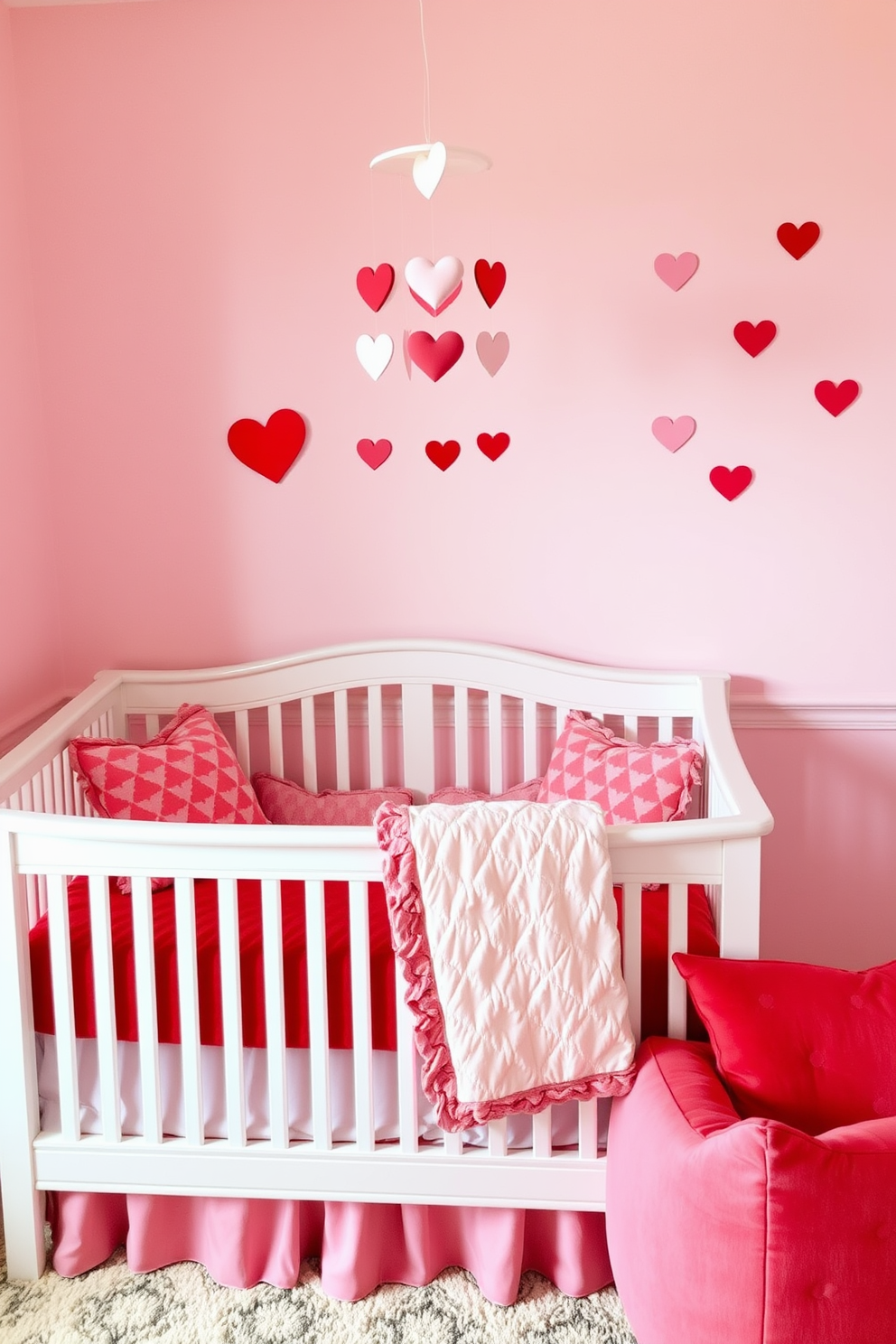 A cozy nursery adorned with soft pink and red accents. The walls are painted in a gentle blush hue, while heart-shaped wall decals add a playful touch for Valentine's Day. A plush white crib is dressed with a red and pink quilt, surrounded by matching cushions. A whimsical mobile featuring hearts hangs above, complementing the overall romantic theme.