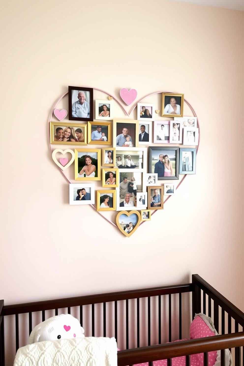 A charming nursery adorned with a Valentine themed artwork gallery wall. The wall features an array of framed prints in soft pastels and vibrant reds, showcasing hearts, love notes, and playful animals. Delicate garlands of pink and white hang above the gallery, adding a festive touch to the space. A cozy rocking chair sits nearby, draped with a plush blanket, creating a warm reading nook for storytime.