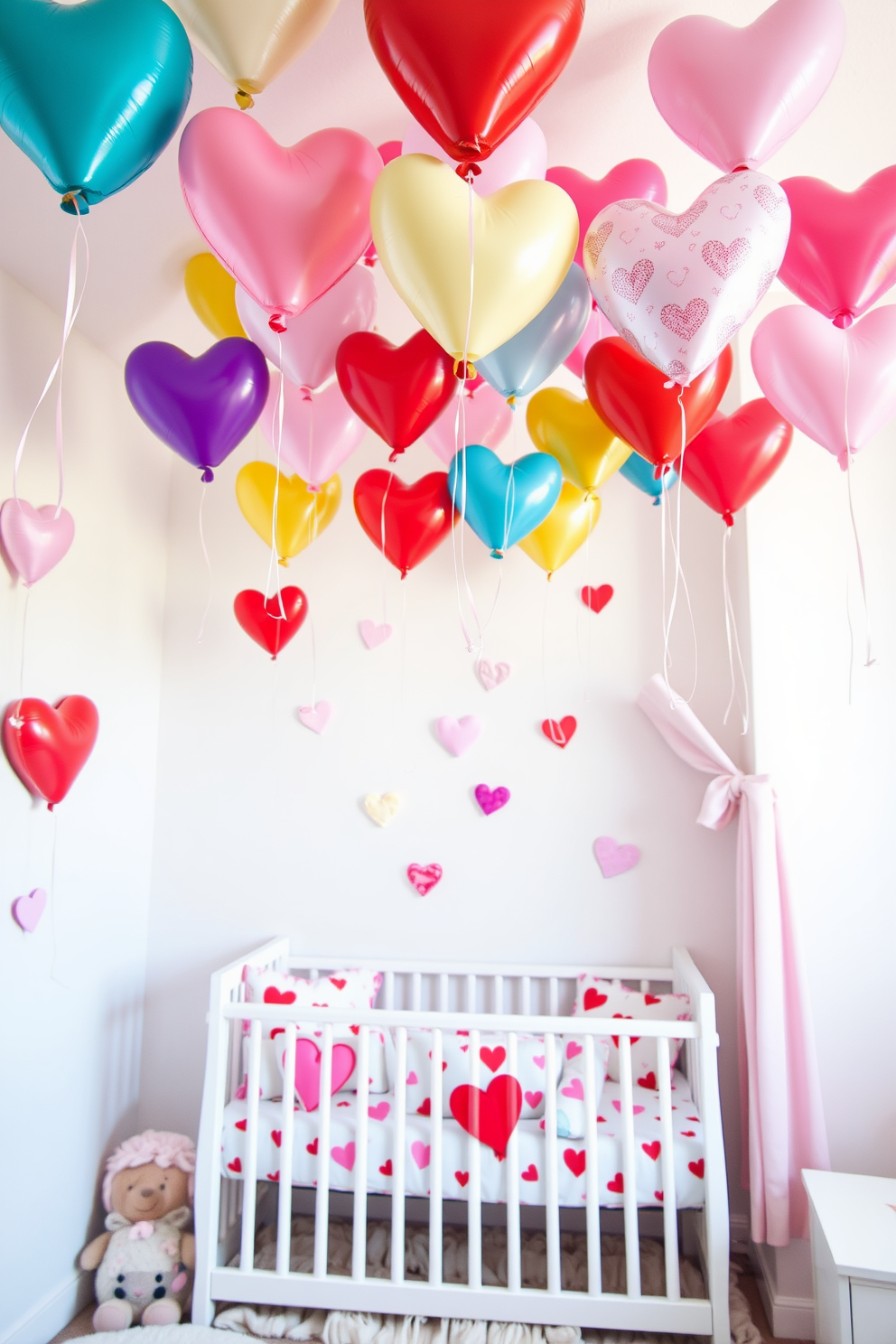 A whimsical nursery setting filled with colorful heart balloons floating above. The walls are painted in soft pastel shades, and a cozy crib is adorned with heart-themed bedding.