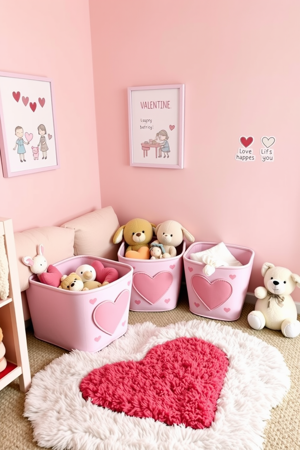 A charming nursery featuring Valentine themed toy storage bins that are heart-shaped and adorned with pastel colors. The bins are neatly arranged in a cozy corner, surrounded by plush toys and soft blankets, creating a warm and inviting atmosphere for playtime. The walls are painted in a soft pink hue, complemented by whimsical wall art depicting love-themed illustrations. A plush area rug in the shape of a heart anchors the space, adding a playful touch to the overall decor.