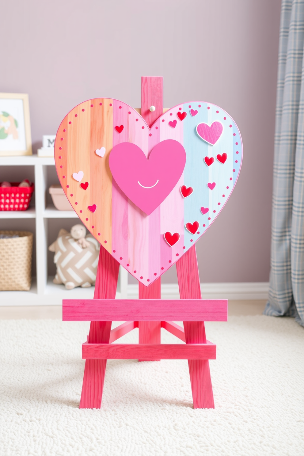 A heart shaped art easel designed for a kids nursery with a playful and colorful aesthetic. The easel features vibrant colors and whimsical patterns, perfect for inspiring creativity during Valentine's Day celebrations.